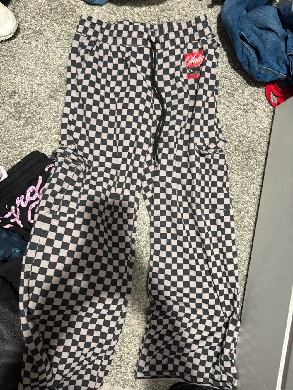 Woman’s Salty Honey wife leg Checkered Cargo Pants - Black & White